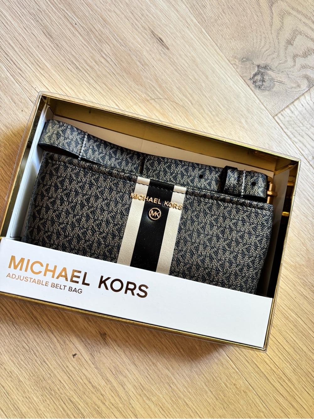 Michael Kors Black Logo Belt Bag with Black & Cream Center Stripe